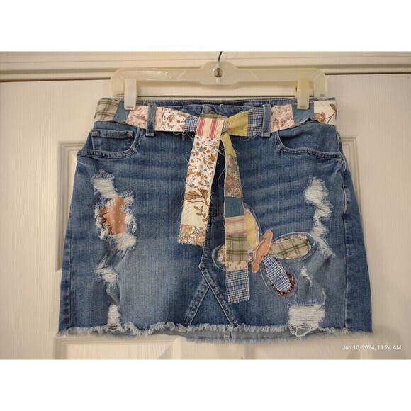 Custom Hollister Denim Jean Skirt Boho Patchwork Butterflies distressed OOAK - Picture 1 of 10